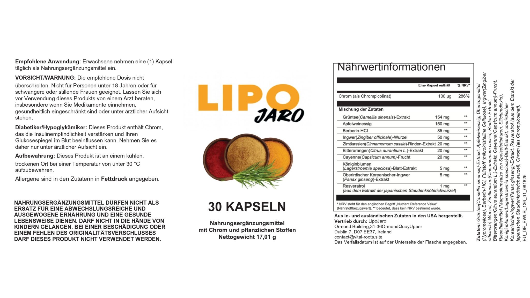 LipoJaro Nährwertinformationen Inhaltsstoffe und Etikett